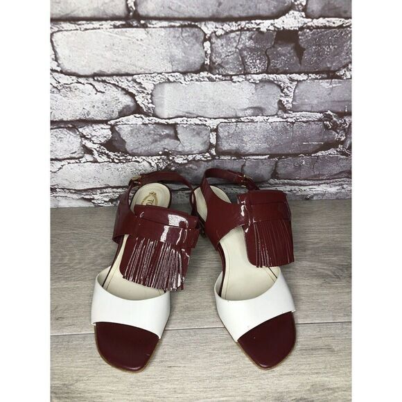 TOD'S Burgundy Patent Leather White Open Toe Heel Strap Sandals Women 35.5EU/5US - Picture 15 of 16